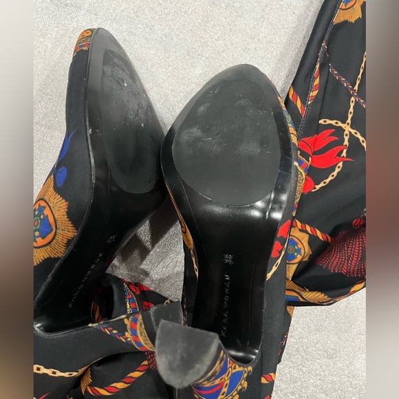 [38/7-7.5]ZARA Woman Black Satin Scarf Print Thigh High Heel Pointed Boots - Picture 11 of 11